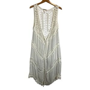 Vivid Importers NY Gauzy Crochet White Sleeveless Longline Vest Cardigan Boho  L